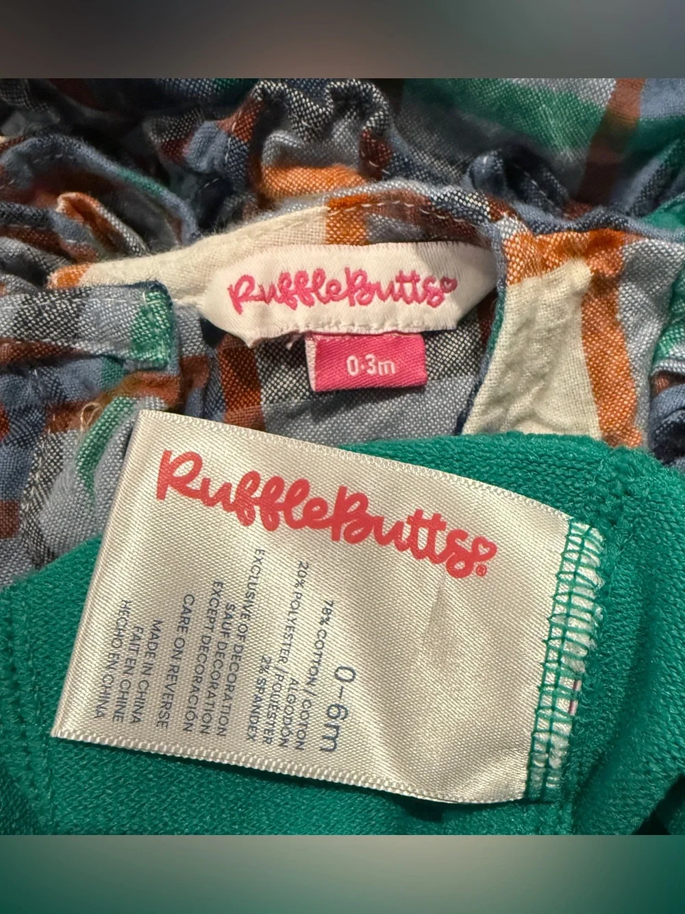 Ruffle Butts Baby girl plaid bubble romper and green leggings size 0-6M / 0-3M